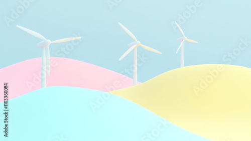 Colorful wind turbines on rolling hills create serene landscape, blending pastel shades of pink, blue, and yellow. This vibrant scene evokes sense of tranquility and harmony with nature