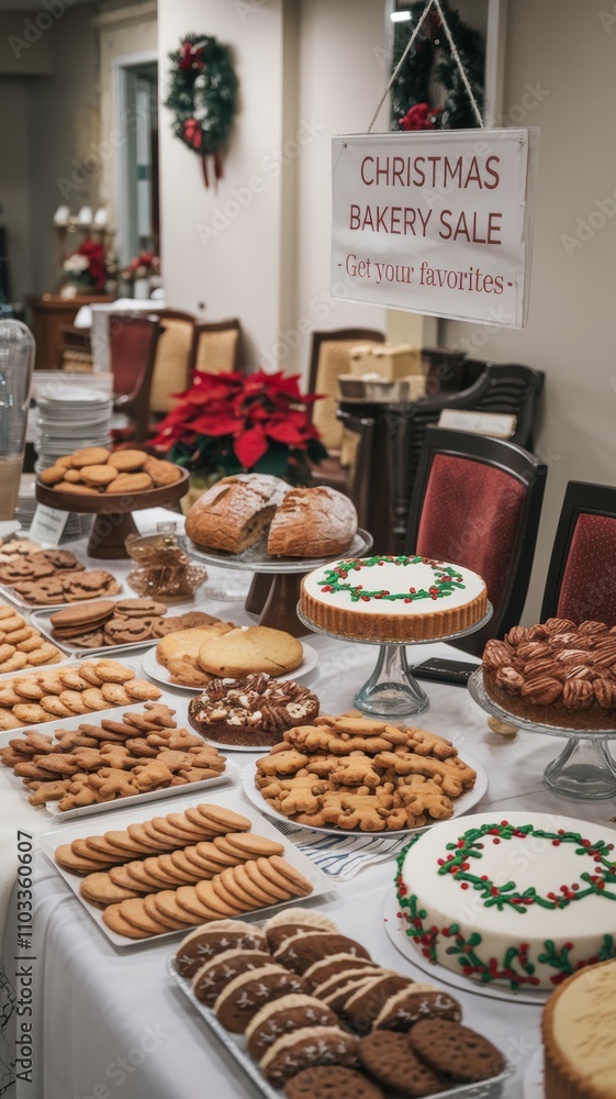 Bakery sale features a variety of festive treats in a cozy setting during the holiday season Bakery sale features a variety of festive treats in a cozy setting during the holiday season