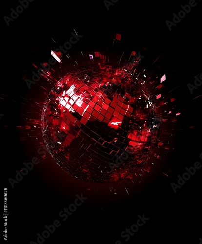 Explosive Red Disco Ball with Shattered Mirror Tiles on Black Background - Dynamic Party Decoration for Nightclub, Dance Events, and Festive Themes