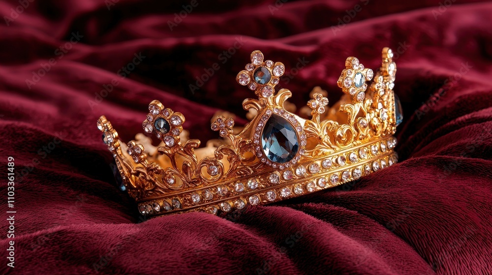 Golden crown adorning red velvet jewelry showcase luxurious setting close-up royalty concept