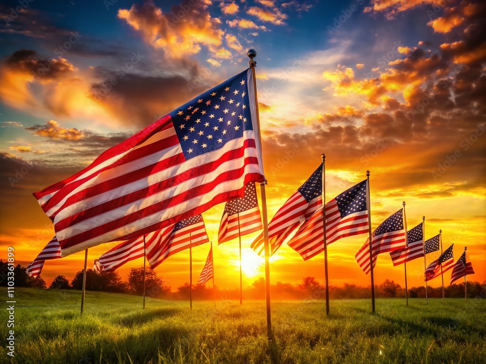 Obraz premium American Flags Waving Against a Stunning Sunset, Symbolizing Independence and Patriotism for 4th of July and Memorial Day Celebrations in Nature's Embrace