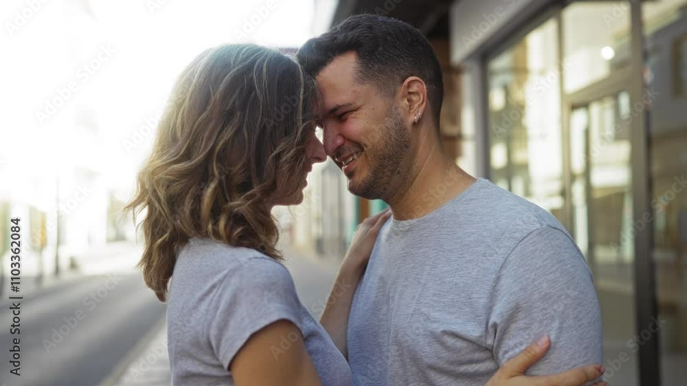 Woman and man in casual clothing sharing a loving moment on an urban street, showcasing a romantic and cheerful relationship in an outdoor city setting Woman and man in casual clothing sharing a loving moment on an urban street, showcasing a romantic and cheerful relationship in an outdoor city setting
