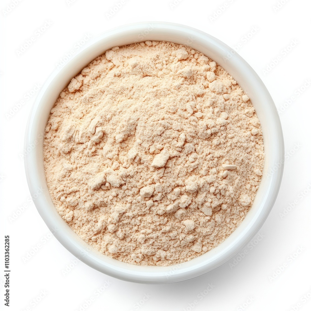 Brown Rice Flour. Top View of Brown Rice Flour in Ceramic Bowl on White Background Brown Rice Flour. Top View of Brown Rice Flour in Ceramic Bowl on White Background