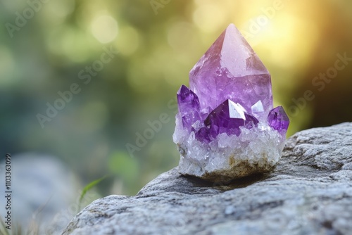 Chakra Stone Collection. Metaphysical Energy Crystal with Sacral Amethyst Botanical Background photo