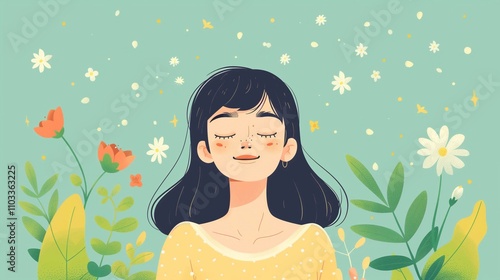 A young woman with closed eyes smiles peacefully amid colorful flowers and a clear sky