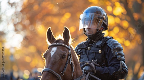 A mounted officer in gear leads a horse through a busy, vibrant autumn park