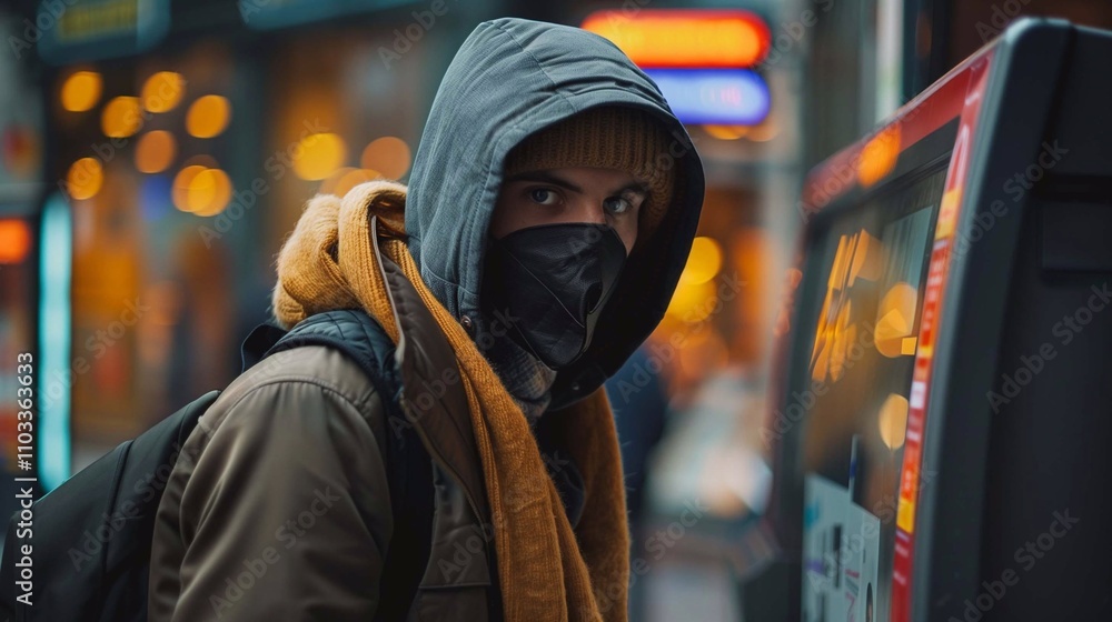 A masked figure looks at a kiosk, hinting at possible theft or intent to steal A masked figure looks at a kiosk, hinting at possible theft or intent to steal