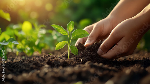 Hands nurturing a young plant in fertile soil.