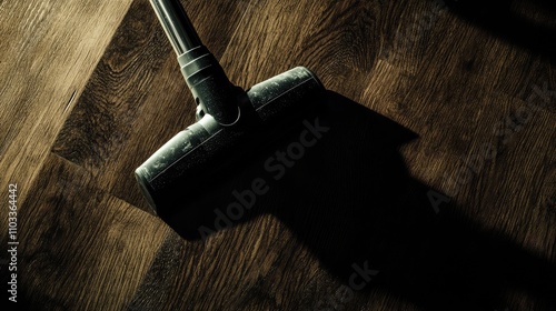 Close-up of a Vacuum Cleaner Head on Dark Wooden Floor, Highlighting Dust and Shadows in a Modern Home Cleaning Environment photo