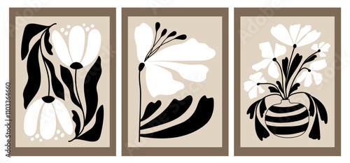 A set of modern abstract floral posters. Nerdy naive groovy funky wall paintings. Vector flat illustration for interior, paintings, postcards, covers, tee print, wallpaper, hippie-style flower show.