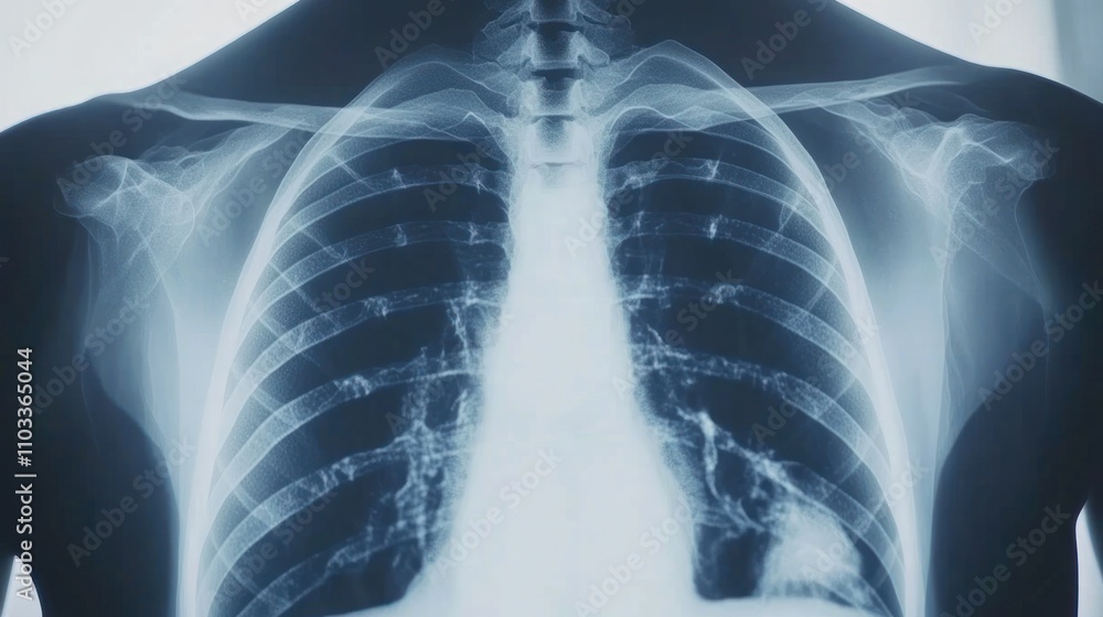 X-ray image of human lungs and ribcage. X-ray image of human lungs and ribcage.