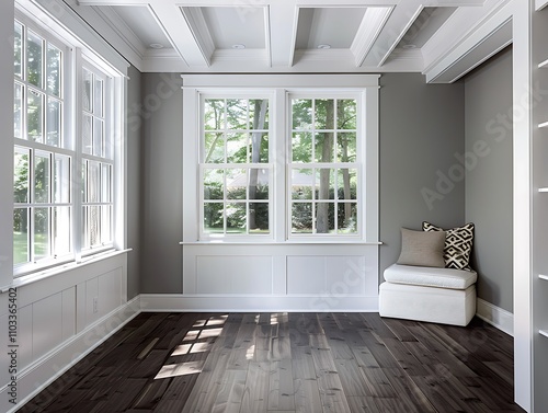 Sunroom interior, white windows, gray walls, dark wood floors, small window seat, white beamed ceiling, home decor.