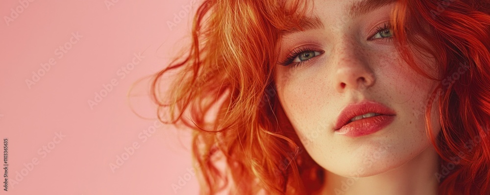 The woman with striking red hair gazes into the camera, her lush curls framing her face. The soft pink backdrop enhances her radiant complexion The woman with striking red hair gazes into the camera, her lush curls framing her face. The soft pink backdrop enhances her radiant complexion