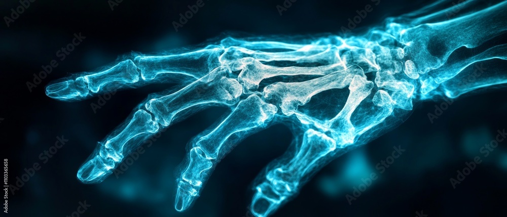X-ray depicts a human hand, highlighting the intricate bone structure, joint positions, and spatial relationships between finger bones and wrist X-ray depicts a human hand, highlighting the intricate bone structure, joint positions, and spatial relationships between finger bones and wrist