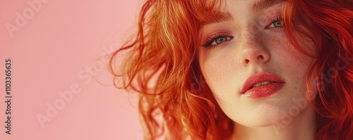 The woman with striking red hair gazes into the camera, her lush curls framing her face. The soft pink backdrop enhances her radiant complexion