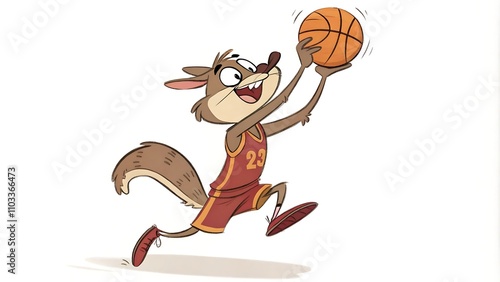 A playful and dynamic photostock image of a cartoon animal shooting a basketball, isolated on a white background. 