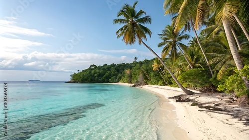 A vibrant tropical beach scene, isolated on a white background, features crystal-clear water, palm trees, and soft white sand. photo