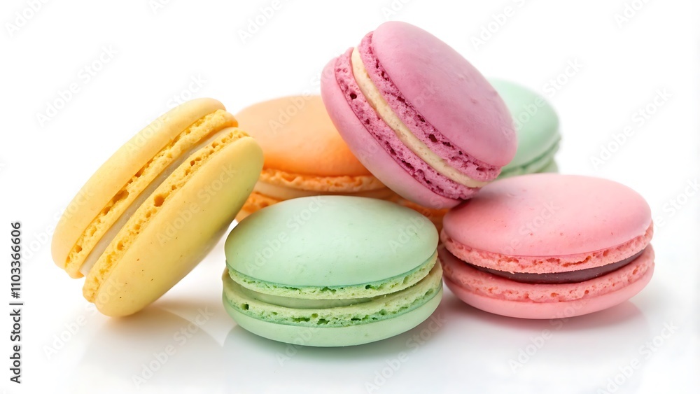 A visually stunning photostock image featuring a close-up of colorful macarons arranged in a pastel-hued setting, isolated against a pure white background. A visually stunning photostock image featuring a close-up of colorful macarons arranged in a pastel-hued setting, isolated against a pure white background.