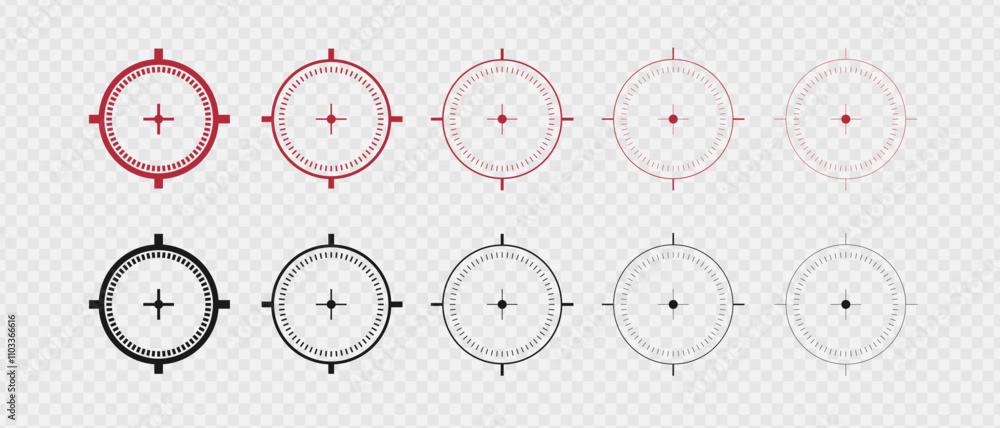 Naklejka premium Target and aim icon. Aim gun big set. Red Crosshair. Shooting of firearms. Precisely target. Different size aim