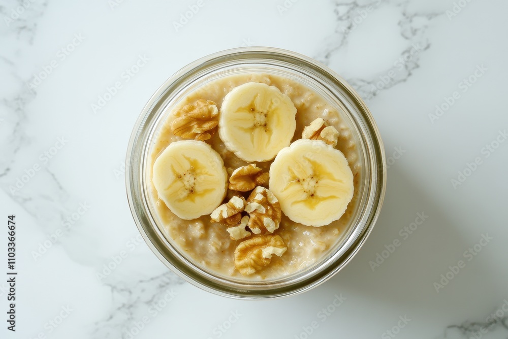 Delicious overnight oats in a glass jar with fresh banana slices for a nutritious breakfast option. Delicious overnight oats in a glass jar with fresh banana slices for a nutritious breakfast option.