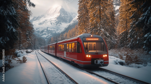 Crossing the snow covered forest tourist train in Jungfrau of the Alps background, Switzerland. photo