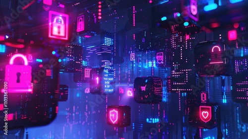 A digital landscape featuring glowing icons representing security and data protection.