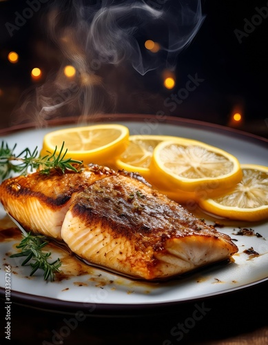 Fish fillet with a charred, overly crispy exterior served on a plate, with over-browned lemon slices and a hint of smoke, illustrating a cooking accident photo