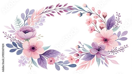 A delicate watercolor floral wreath in soft pink and purple hues, isolated on a white background, is perfect for adding a touch of elegance to any design.