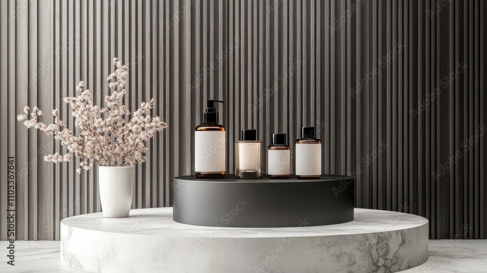 Elegant display of skincare products on a marble pedestal. Elegant display of skincare products on a marble pedestal.