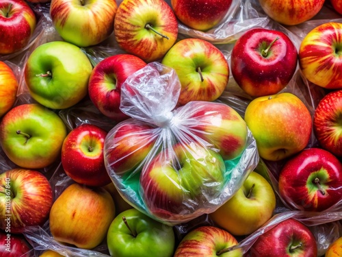 Aerial View of Excessive Plastic Use in Kitchen: Close-Up of Fresh Apples Overpackaged in Plastic Wrap, Highlighting the Environmental Impact of Food Waste and Packaging Waste photo