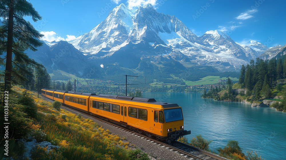 Tourist train in Jungfrau of the Alps background, Switzerland.