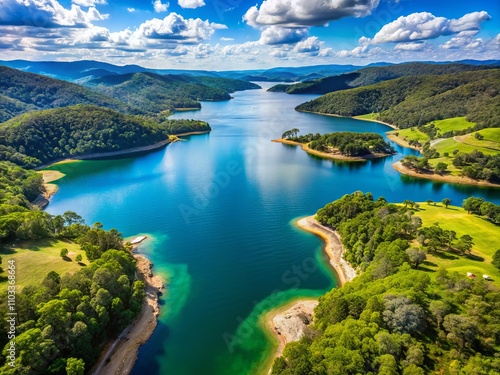 Aerial View of Lake Lyell Near Lithgow in Regional Australia Showcasing the Stunning Blue Waters Surrounded by Lush Green Forests and Rugged Terrain in a Perfectly Balanced Composition