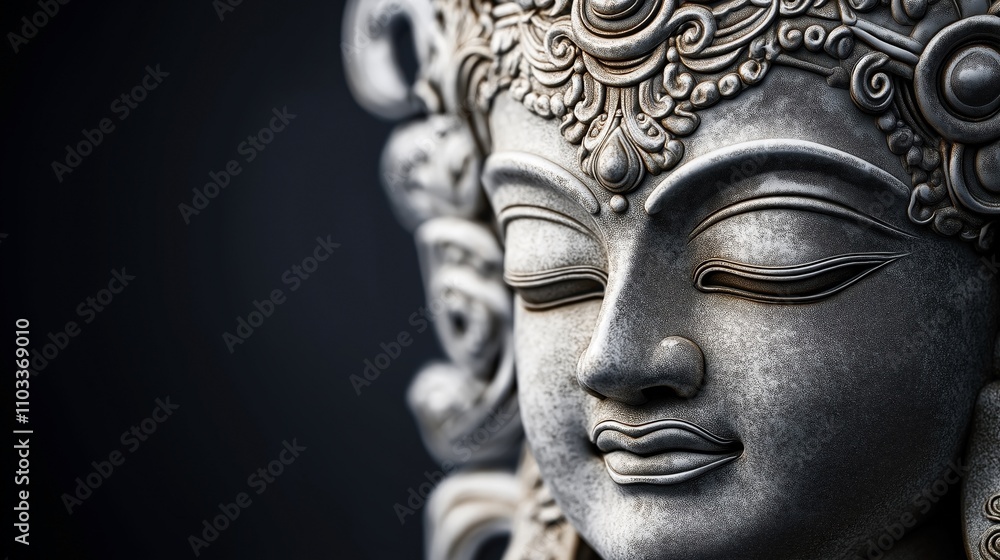 Close-up of an intricately detailed stone sculpture of a serene face with closed eyes and elaborate ornamental headpiece, symbolizing tranquility and spirituality. Close-up of an intricately detailed stone sculpture of a serene face with closed eyes and elaborate ornamental headpiece, symbolizing tranquility and spirituality.