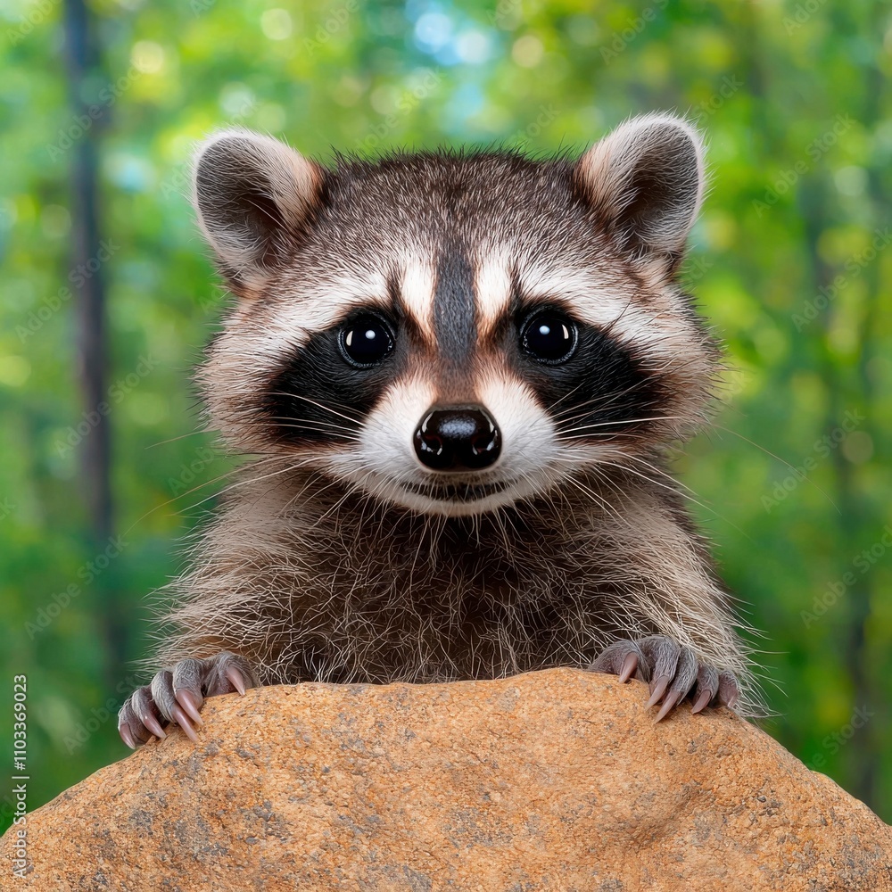 A curious raccoon peeks over a rock, surrounded by a lush green background, showcasing its distinctive facial markings and playful expression. A curious raccoon peeks over a rock, surrounded by a lush green background, showcasing its distinctive facial markings and playful expression.