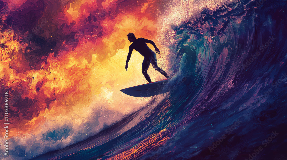 Surfer balancing on board, riding vibrant wave under colorful sky. scene captures thrill and excitement of surfing, showcasing beauty of nature Surfer balancing on board, riding vibrant wave under colorful sky. scene captures thrill and excitement of surfing, showcasing beauty of nature