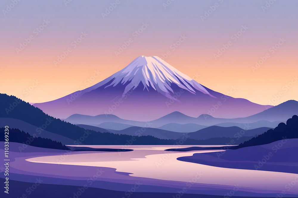 Beautiful scenery of Mt. Fuji and the lake in the morning glow Beautiful scenery of Mt. Fuji and the lake in the morning glow