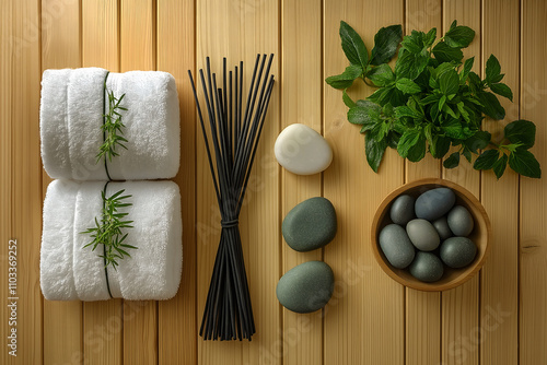 Spa Essentials Flat Lay with Towels, Aromatic Sticks, and Greenery