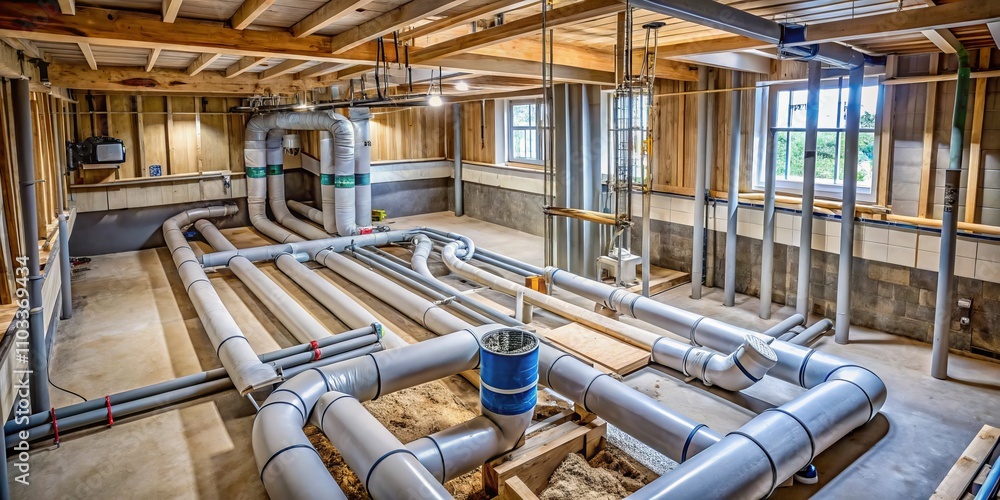 Aerial View of Sanitary Sewer Pipes in a Basement During Home Construction, Showcasing a Complex System for Efficient Sewage Disposal and Installation of Gray Sanitary Pipelines Aerial View of Sanitary Sewer Pipes in a Basement During Home Construction, Showcasing a Complex System for Efficient Sewage Disposal and Installation of Gray Sanitary Pipelines