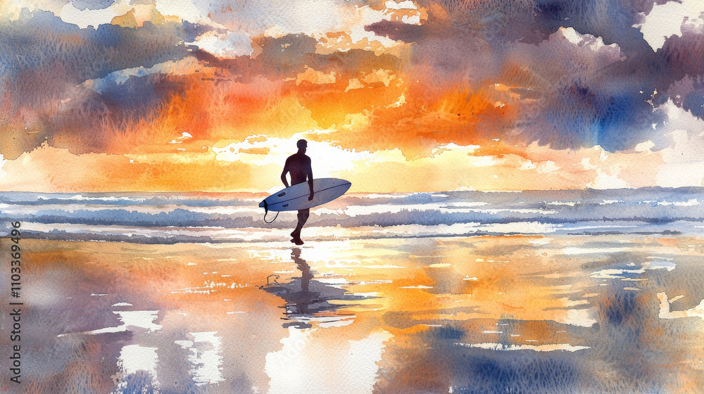 silhouette of surfer walking along beach at sunset, reflecting vibrant colors on water. scene captures essence of adventure and tranquility silhouette of surfer walking along beach at sunset, reflecting vibrant colors on water. scene captures essence of adventure and tranquility