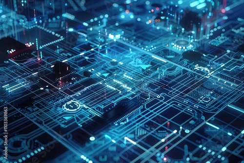 Abstract digital circuit board with glowing lines and nodes, representing technology and connectivity.