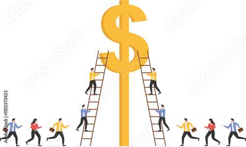 Group of businessmen climbing huge dollar sign, money opportunity, ambitious financial advisor or business investor trying to reach wealth goal

