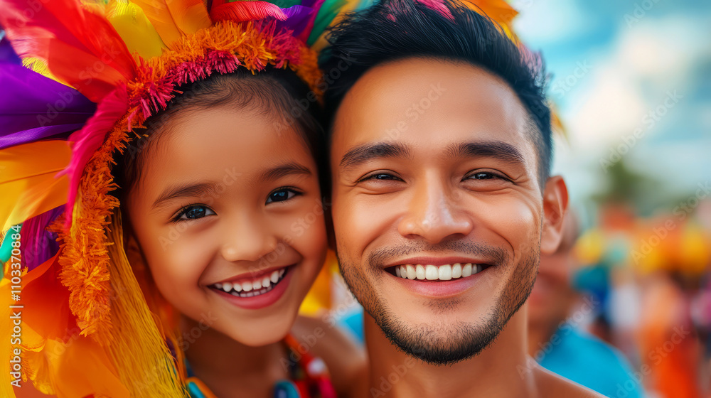 Joyful father and daughter sharing a bright moment at a vibrant festival celebration outdoors Joyful father and daughter sharing a bright moment at a vibrant festival celebration outdoors
