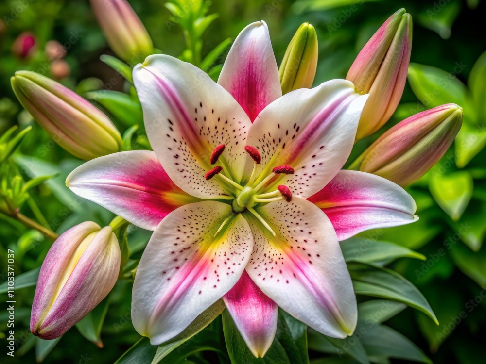 Fototapeta premium Aerial View of White and Pink Lily Lilium Timelapse Showing Budding Flower Stages in Nature, Perfect for Floral Art and Botanical Studies