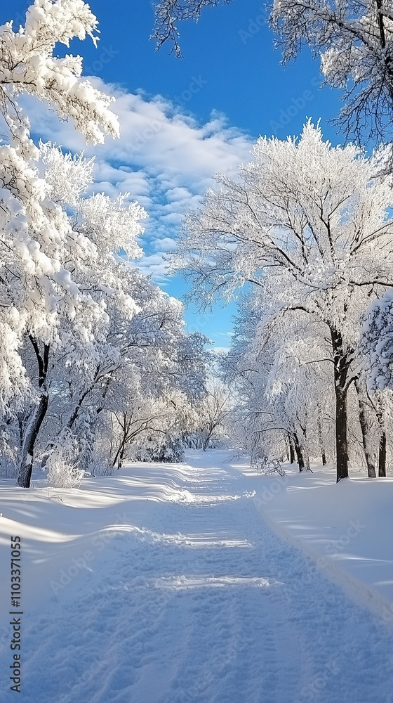 Winter Wonderland Path Framed by Frosty Trees and Blue Sky Winter Wonderland Path Framed by Frosty Trees and Blue Sky