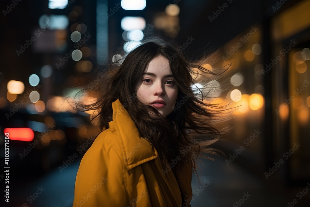 Young woman in the city at night, with wind blowing her hair Young woman in the city at night, with wind blowing her hair