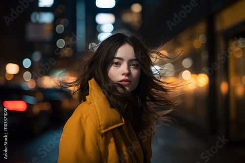 Young woman in the city at night, with wind blowing her hair