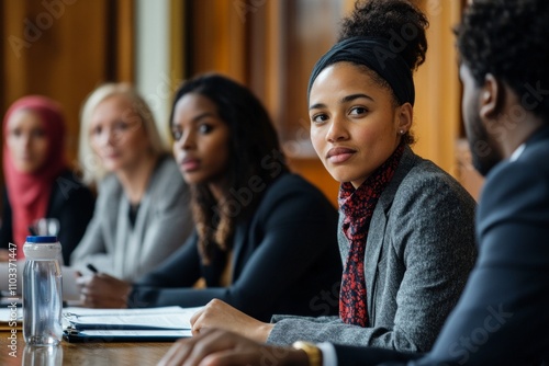A diverse group of professionals engaged in a serious discussion. Collaboration and innovation thrive in diverse environments. Teamwork leads to success. Generative AI