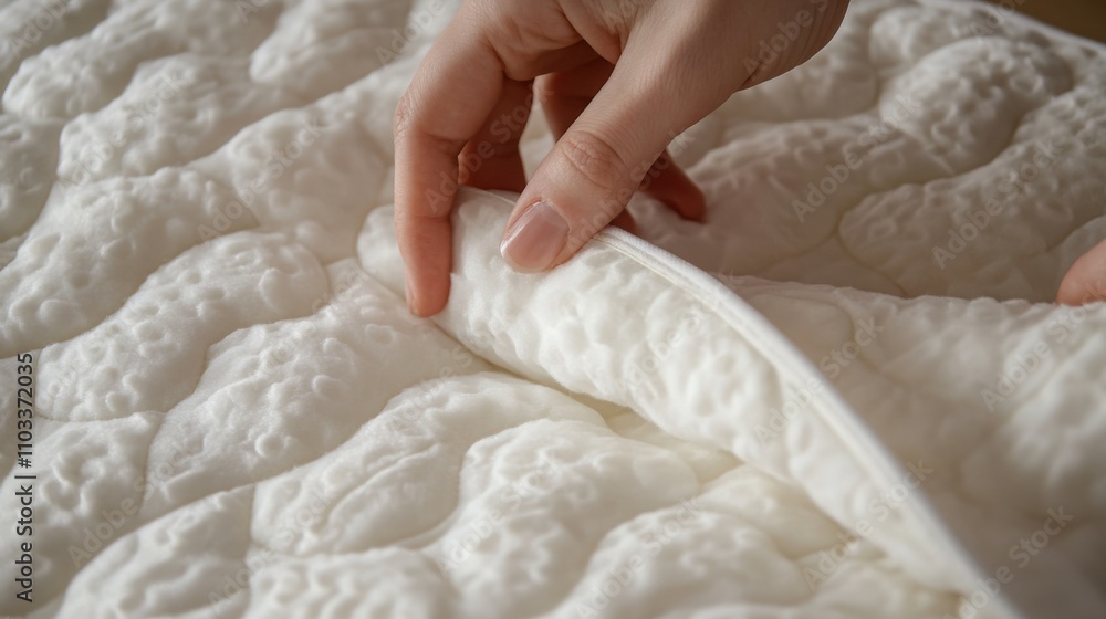 quilt being filled with soft white sintepon padding, hands smoothing the material quilt being filled with soft white sintepon padding, hands smoothing the material