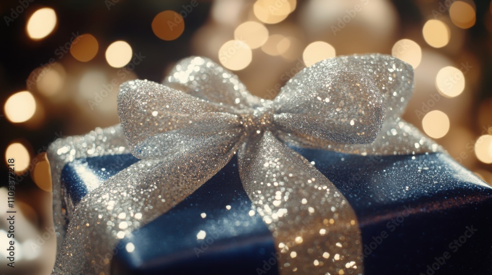 sparkling silver ribbon being tied into a bow on a deep blue gift box sparkling silver ribbon being tied into a bow on a deep blue gift box