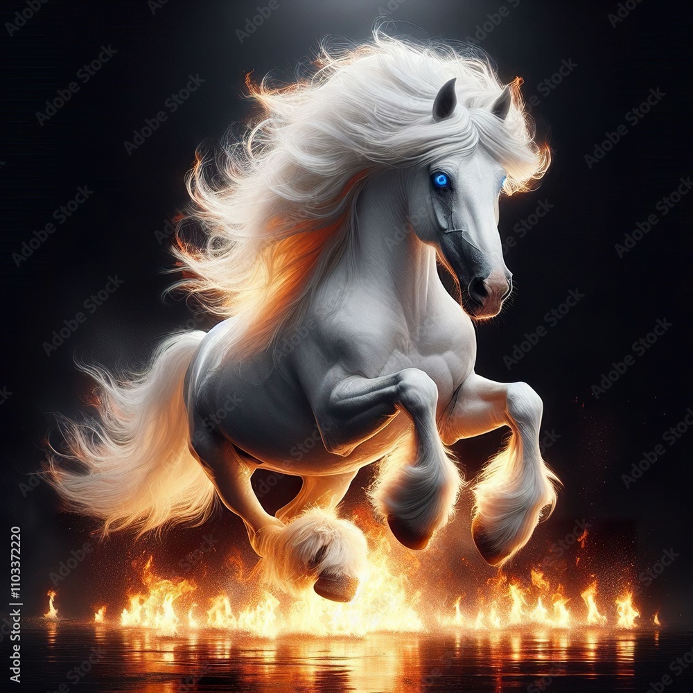 Naklejka premium Majestic White Horse Leaping Through Fiery Mane, Mythical Creature